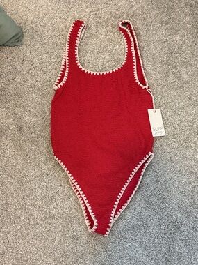 Surf Gypsy Red One-Piece Swimsuit with White Crochet Trim